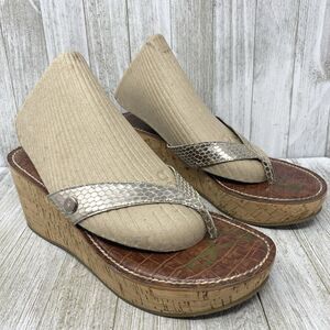 SAM EDELMAN ROMY 8.5M Snake Print Cork Wedge Heel Thong Sandal Silver Strap